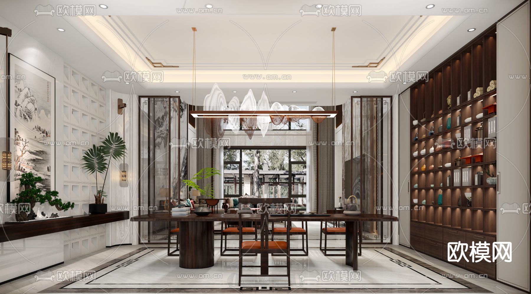 新中式别墅客厅大堂3d模型下载（渲染图3）