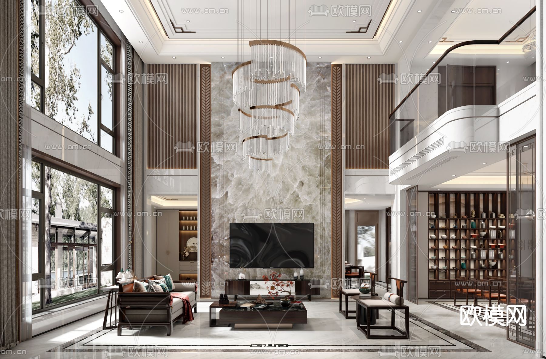 新中式别墅客厅大堂3d模型下载（渲染图1）