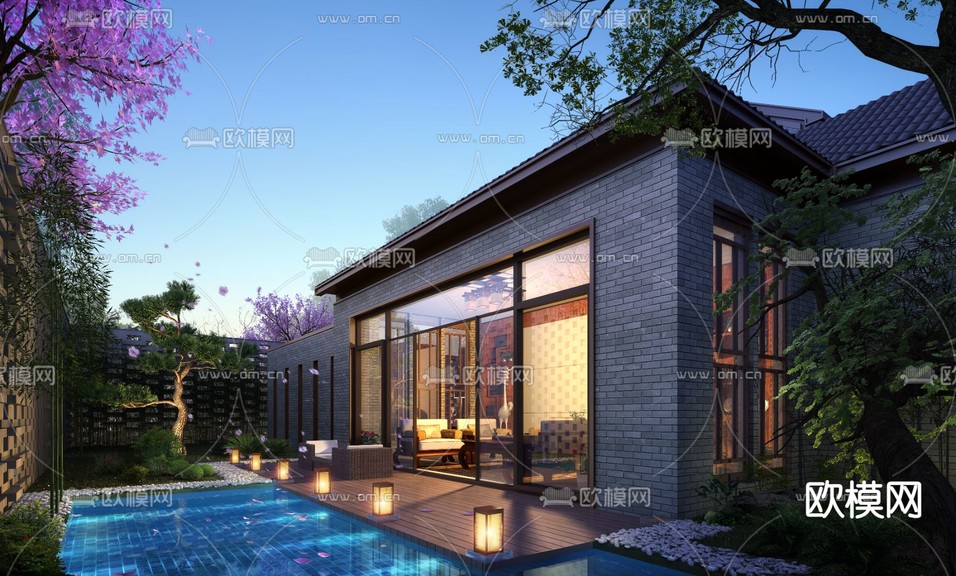 新中式别墅外观夜景3d模型下载