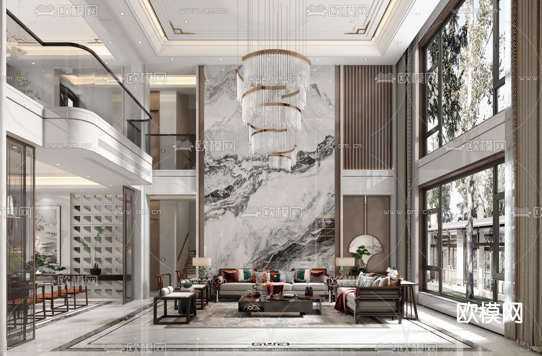 新中式别墅客厅大堂3d模型下载（渲染图5）