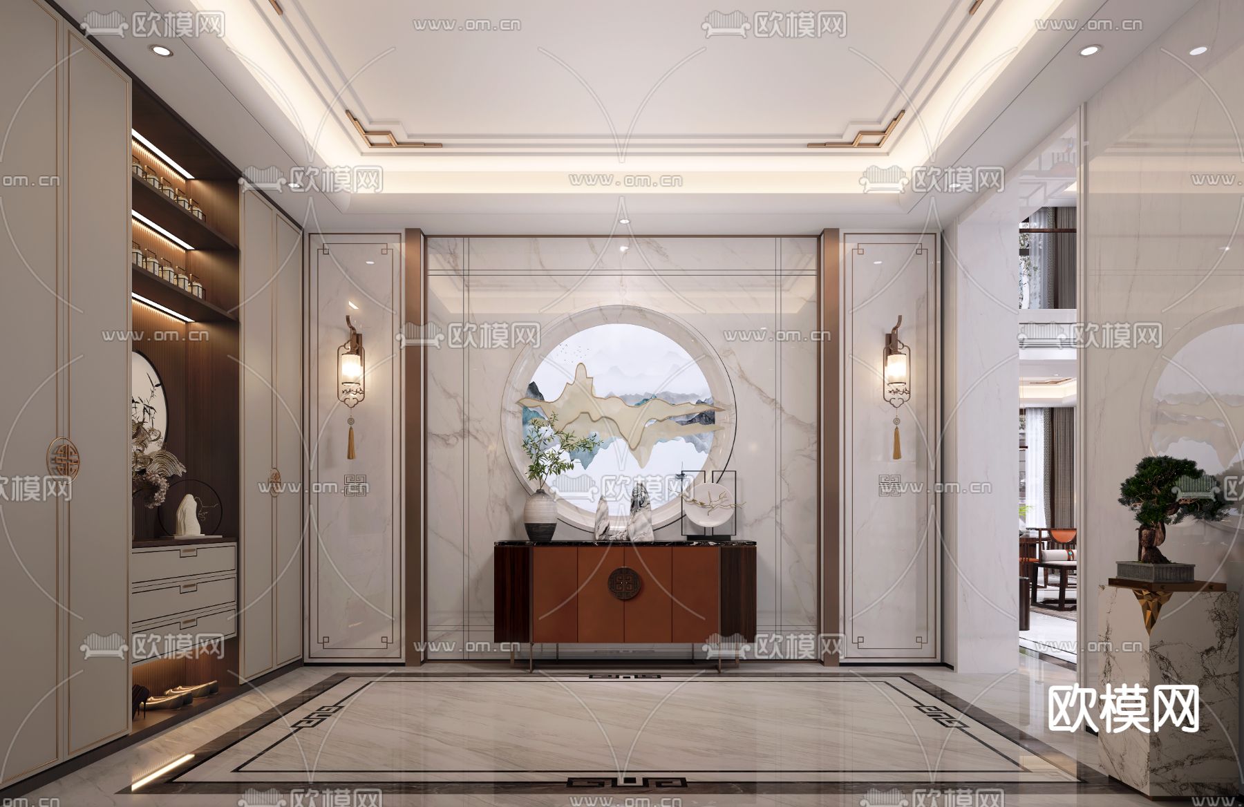 新中式别墅客厅大堂3d模型下载（渲染图4）