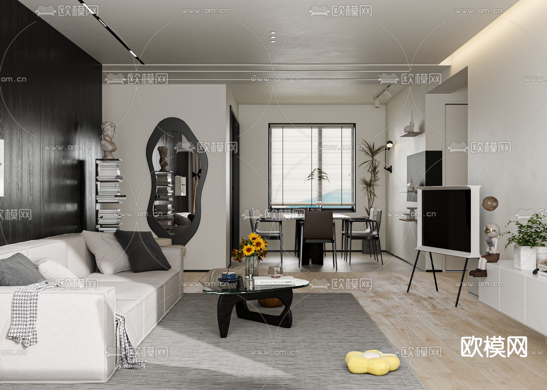 高级灰客餐厅3d模型下载（渲染图1）