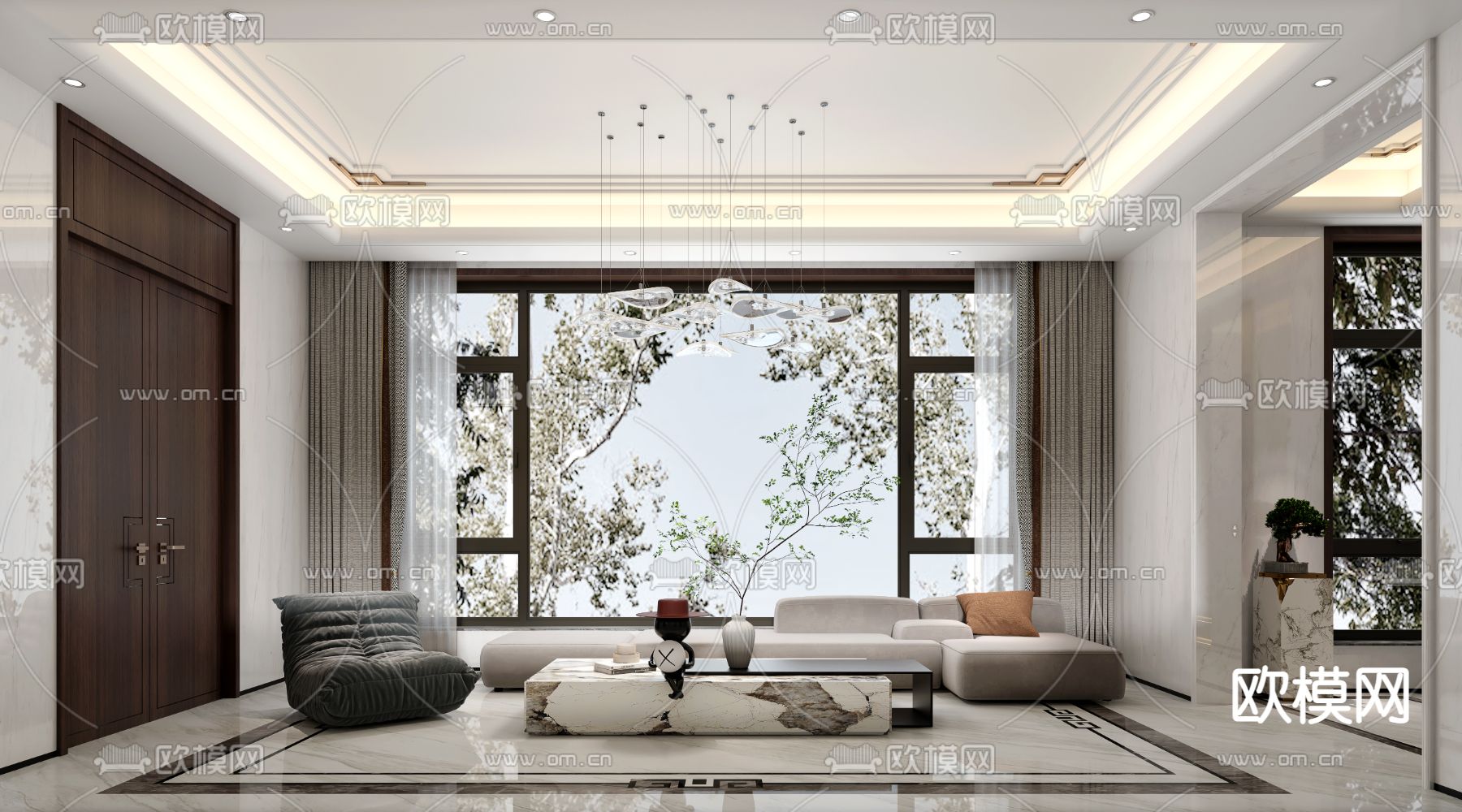 新中式别墅客厅大堂3d模型下载（渲染图2）
