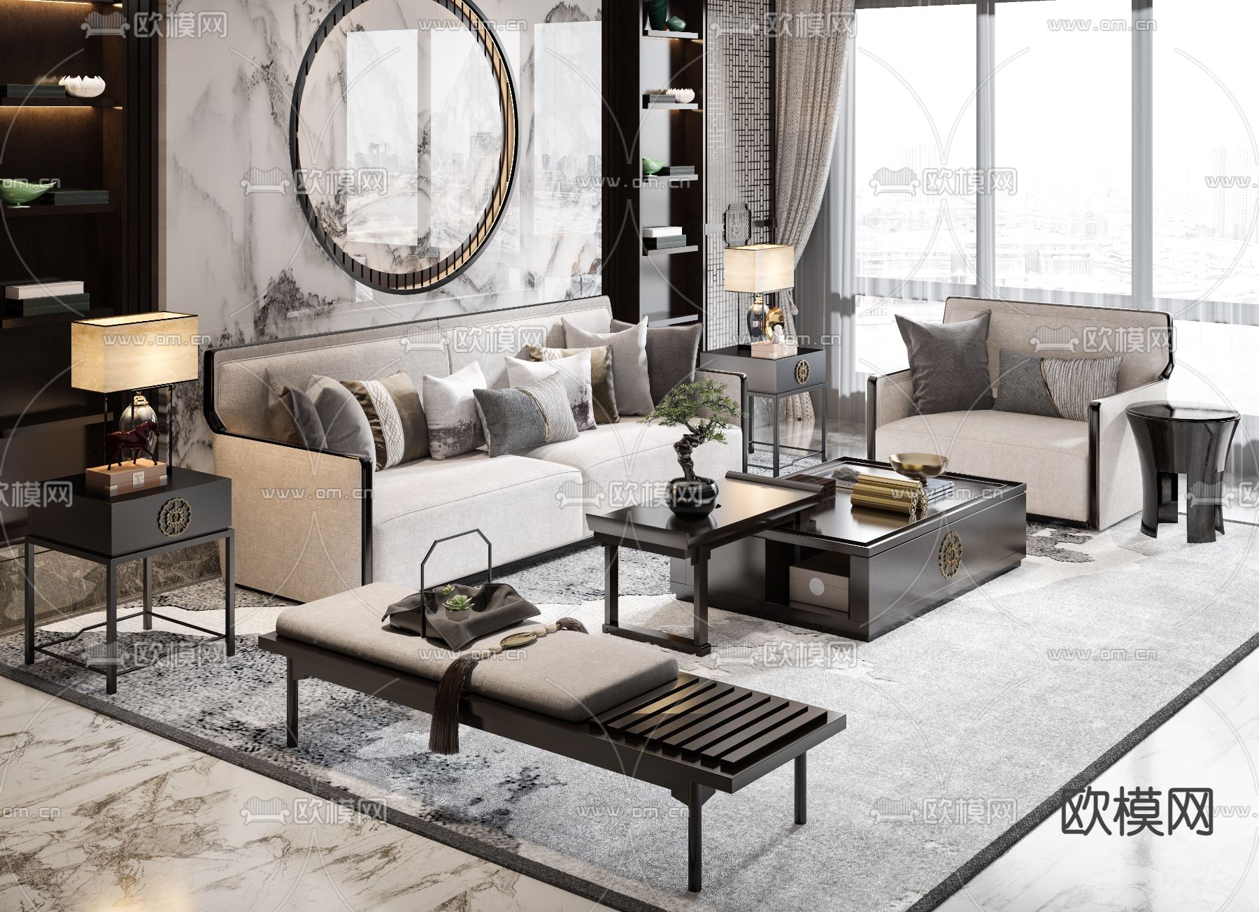 新中式组合沙发3d模型下载（渲染图1）