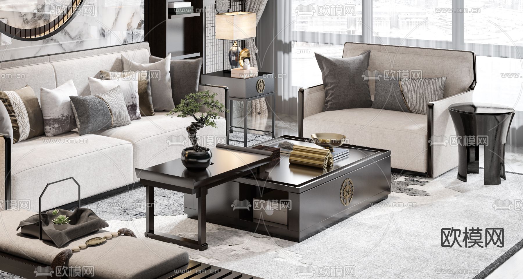 新中式组合沙发3d模型下载（渲染图2）