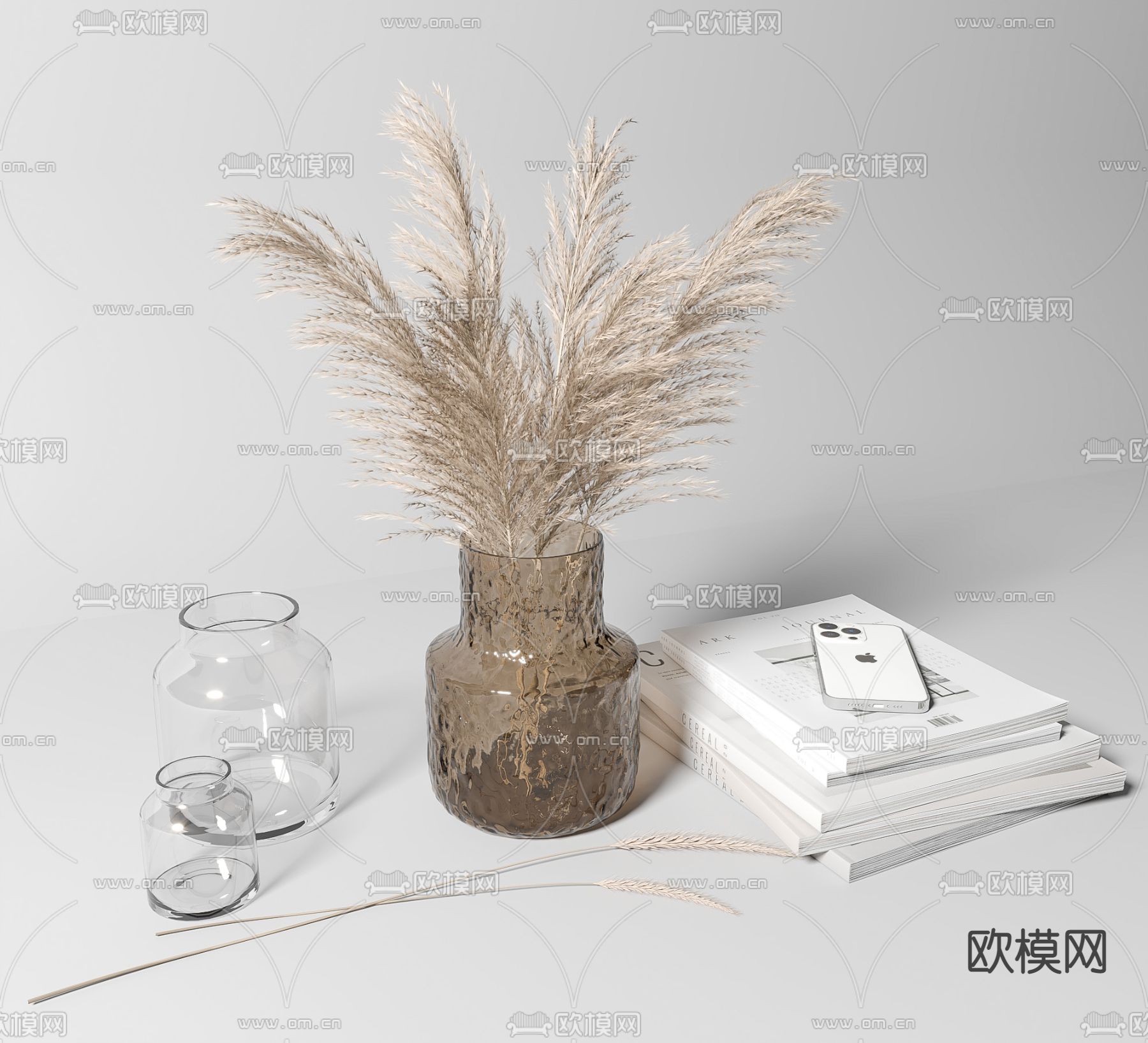 现代芦苇花瓶 书籍摆件3d模型下载