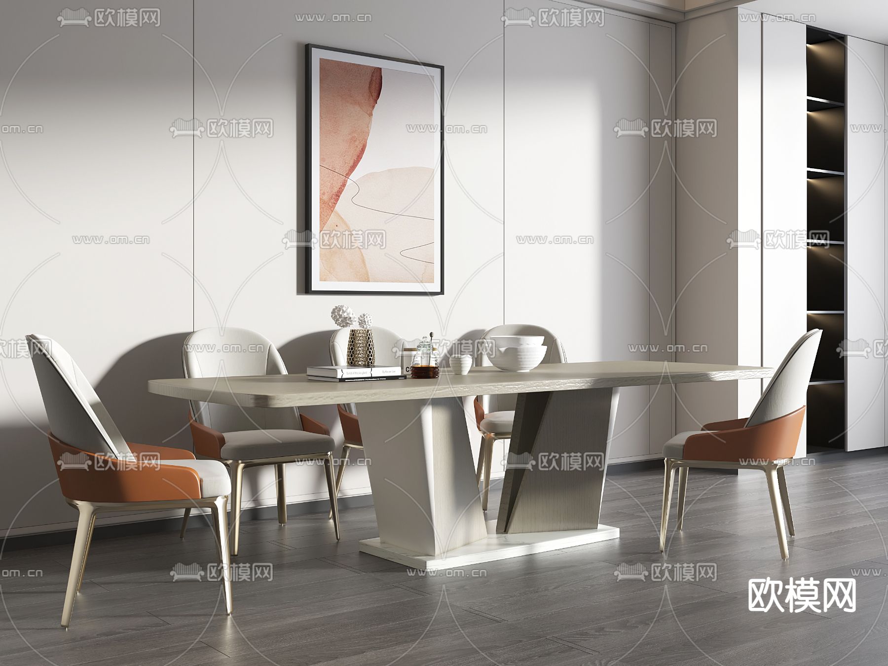 现代条形餐桌椅3d模型下载