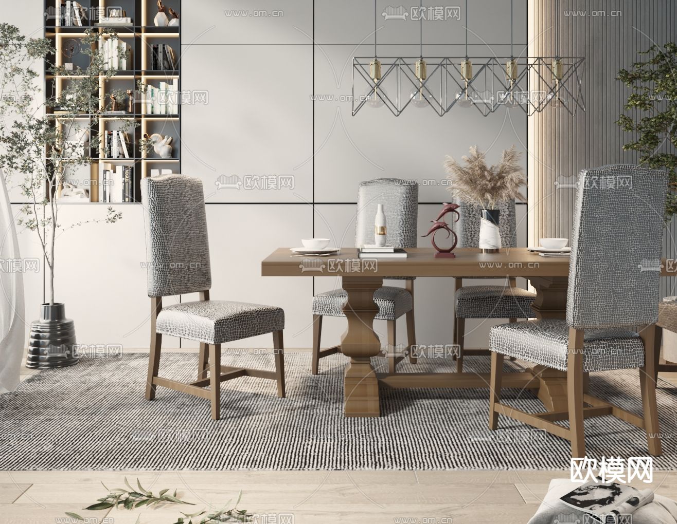 欧式条形餐桌椅3d模型下载