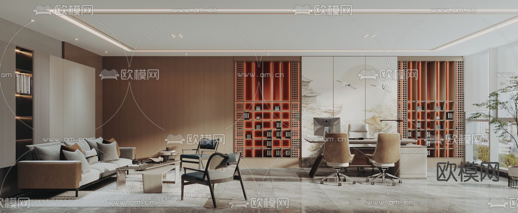 新中式总经理室 董事长室3d模型下载