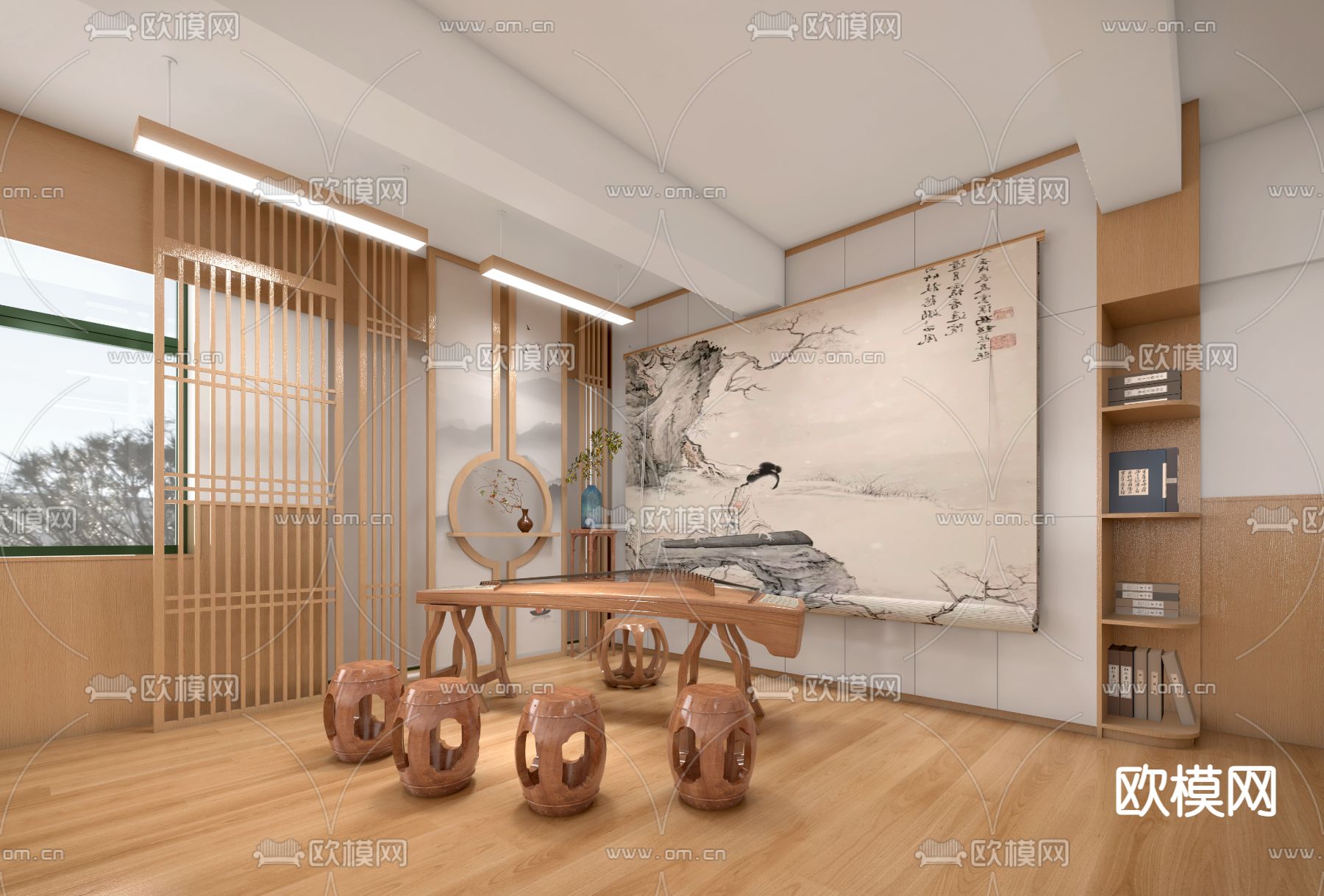 新中式家居琴房su模型下载（渲染图1）