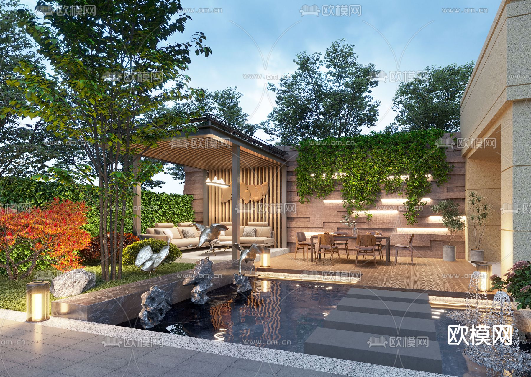 新中式庭院花园 喷水池3d模型下载