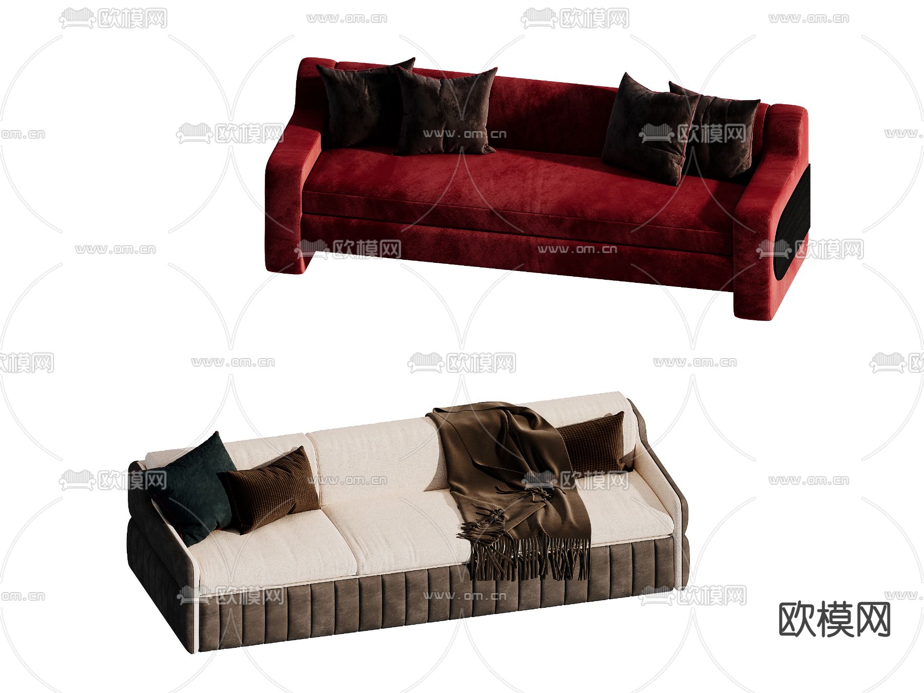 现代红色沙发 多人沙发su模型下载（渲染图1）