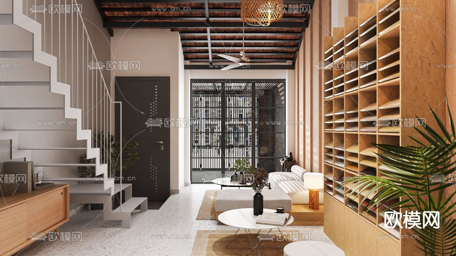 新中式简约创意公寓免费3d模型下载（渲染图1）