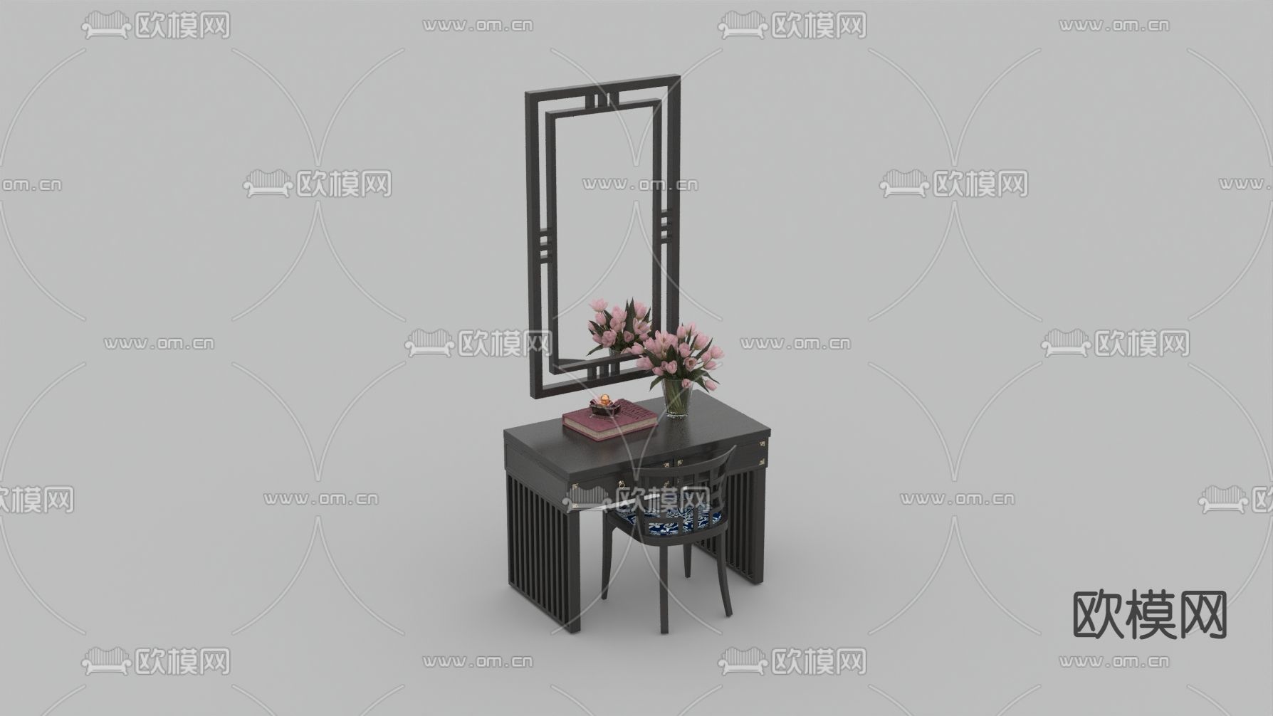 新中式简约实木梳妆台免费3d模型下载