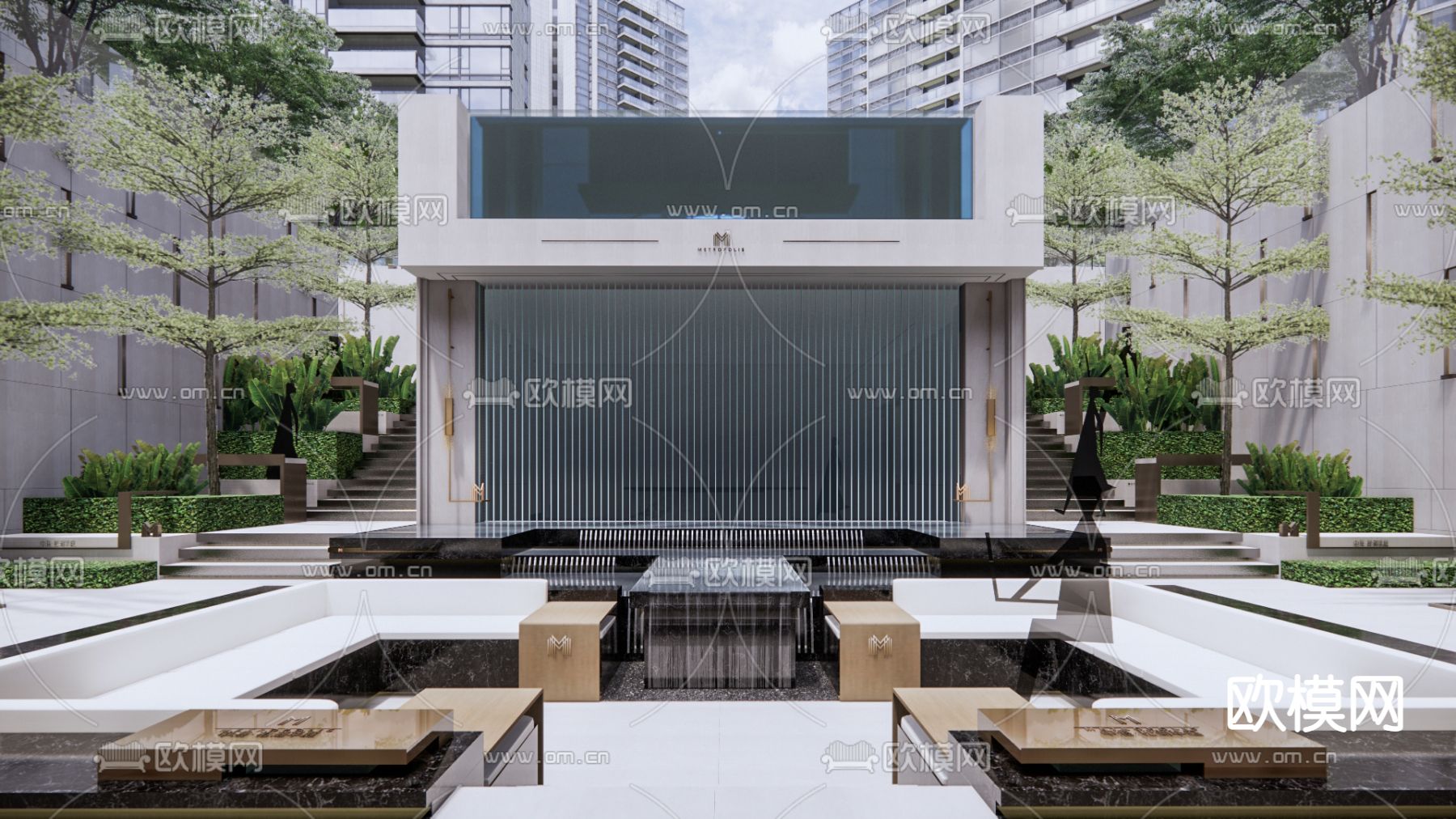 现代小区户外泳池景观su模型