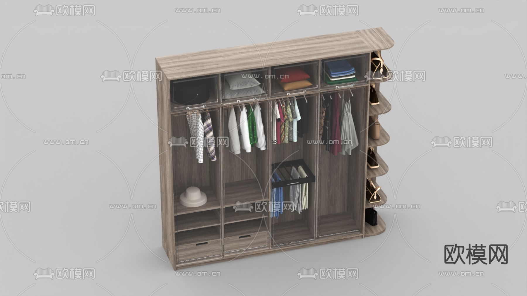 北欧简约实木玻璃门衣柜免费3d模型下载
