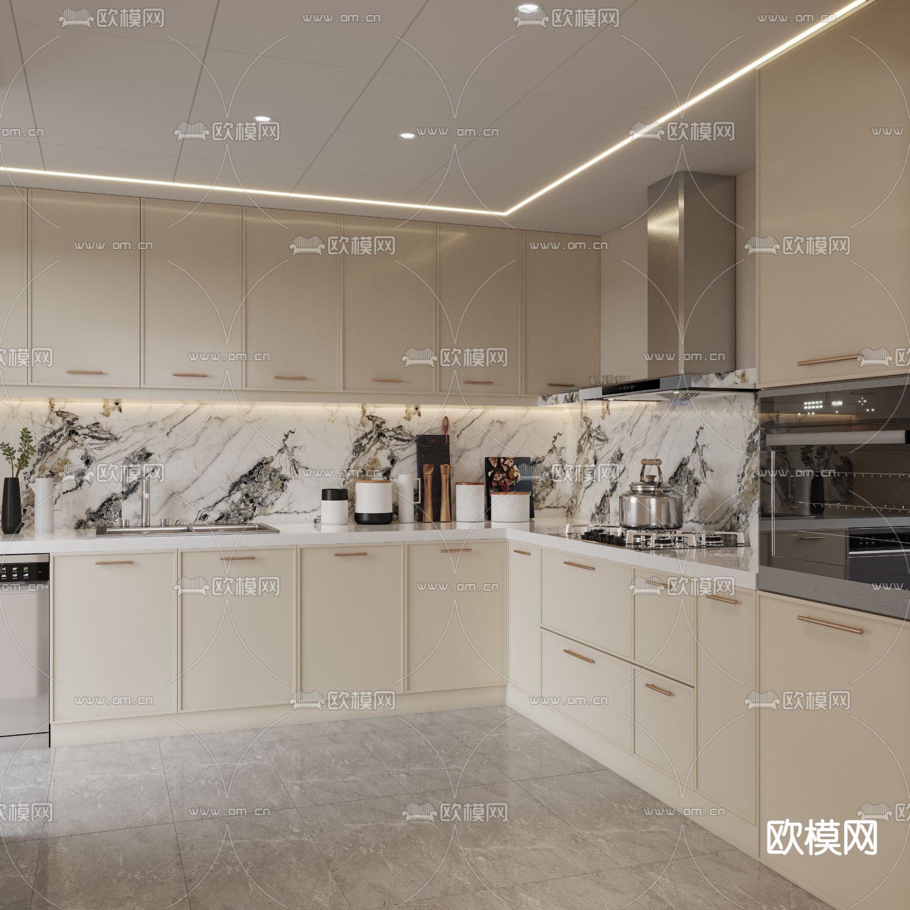 奶油风整装橱柜3d模型下载