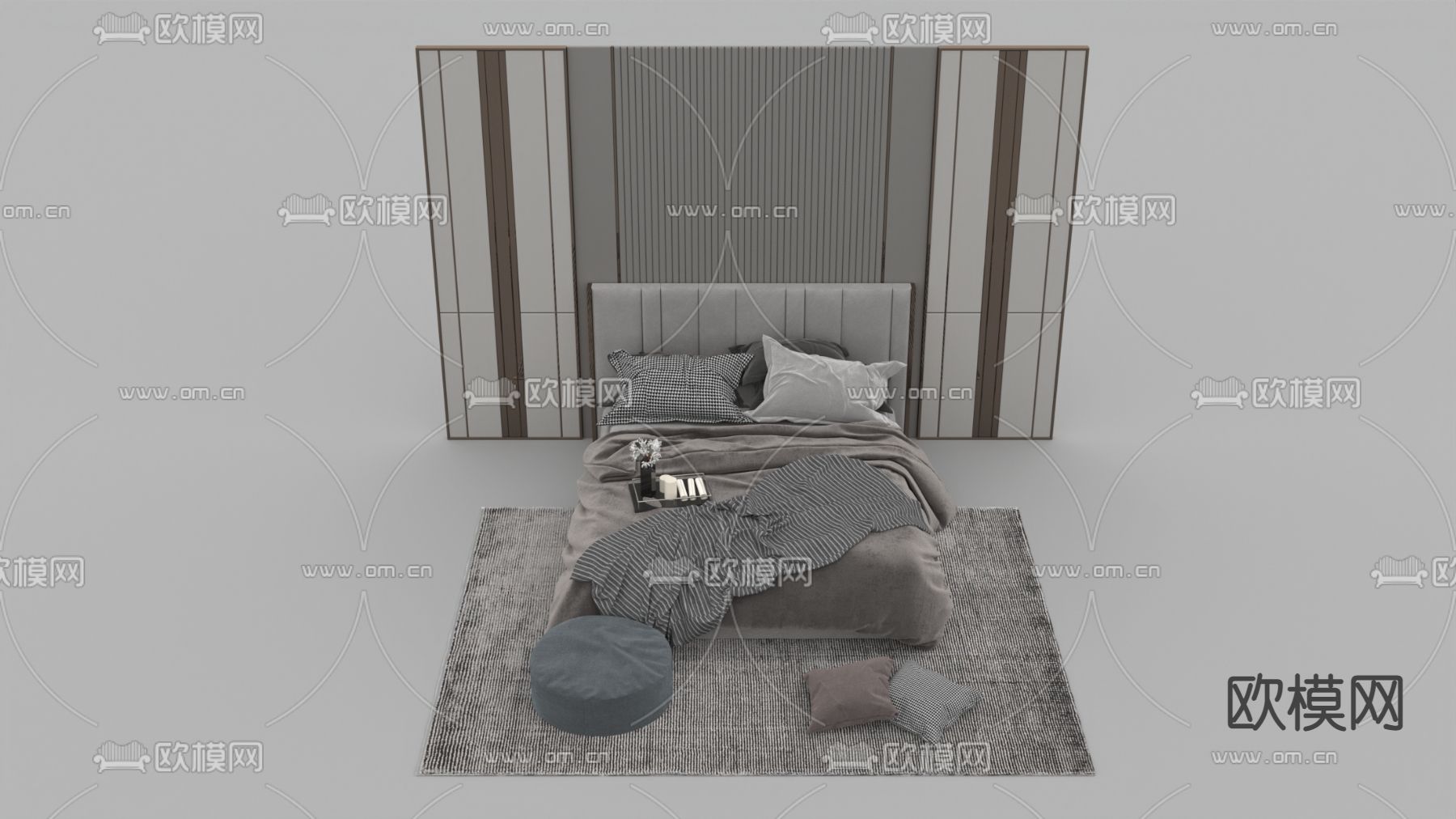 新中式轻奢背景墙布艺双人床免费3d模型下载