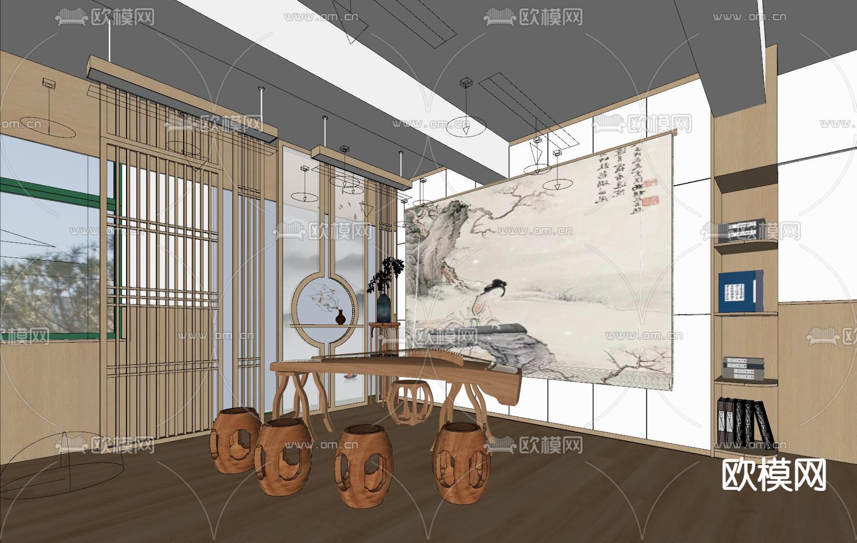 新中式家居琴房su模型下载（渲染图2）