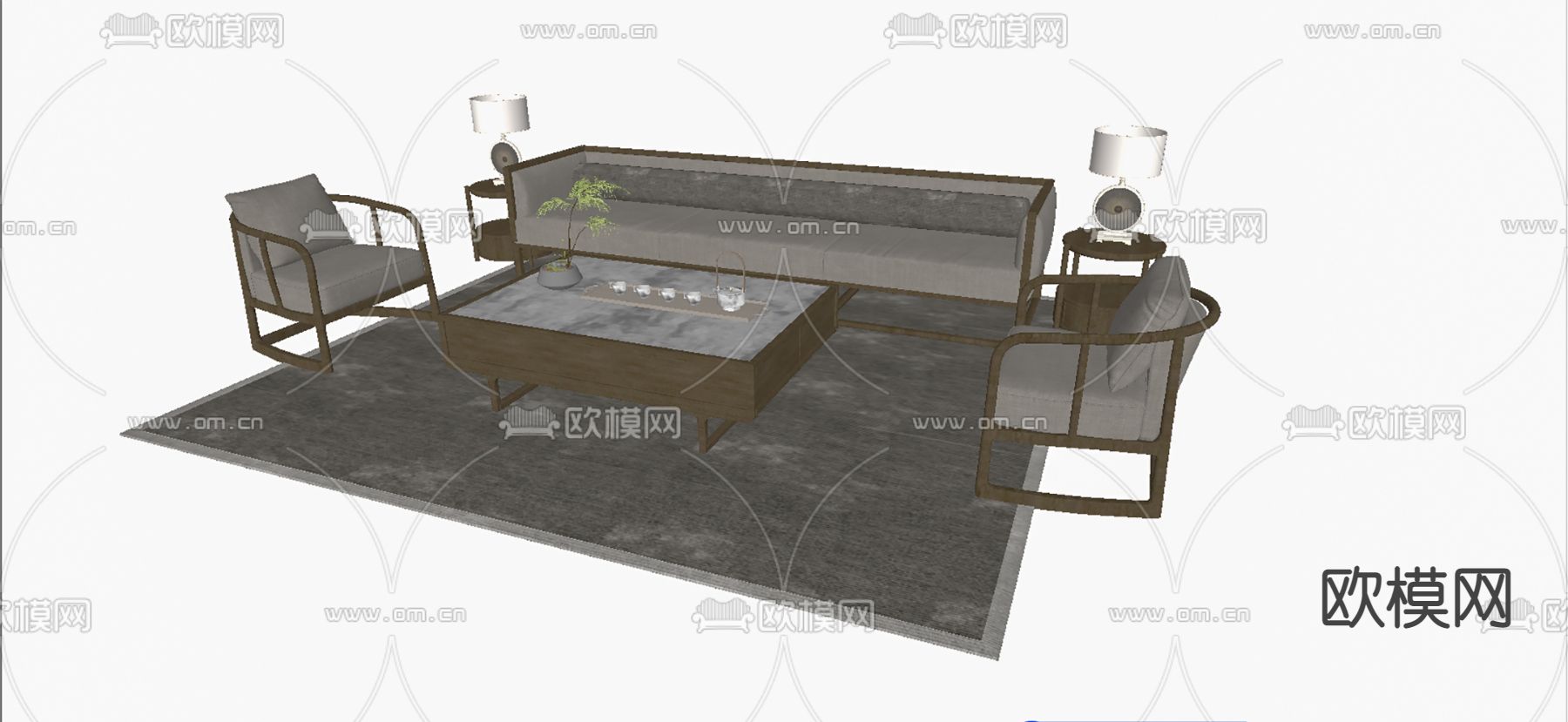 新中式沙发茶几组合su模型下载（渲染图2）
