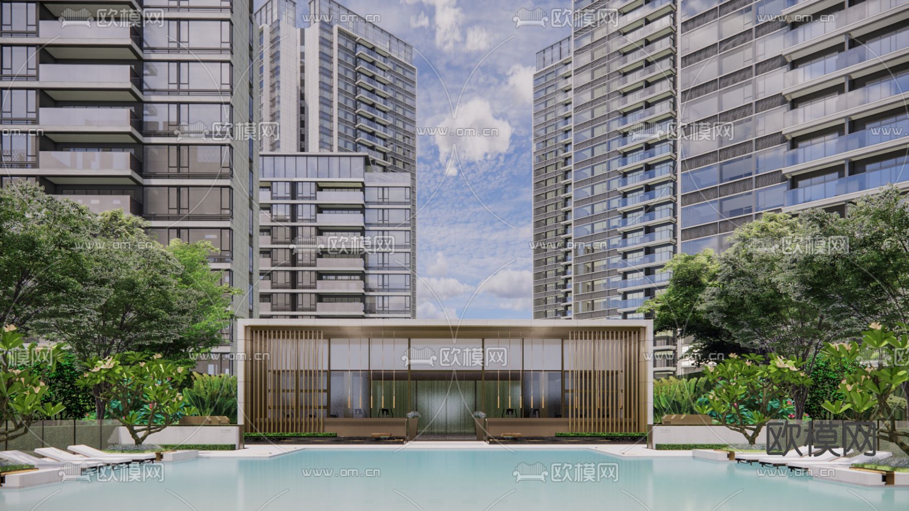 现代小区户外泳池景观su模型