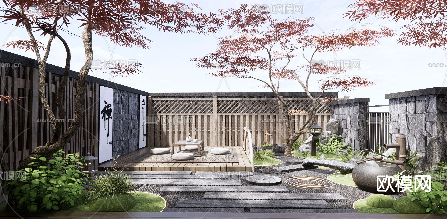 日式庭院花园造景3d模型下载