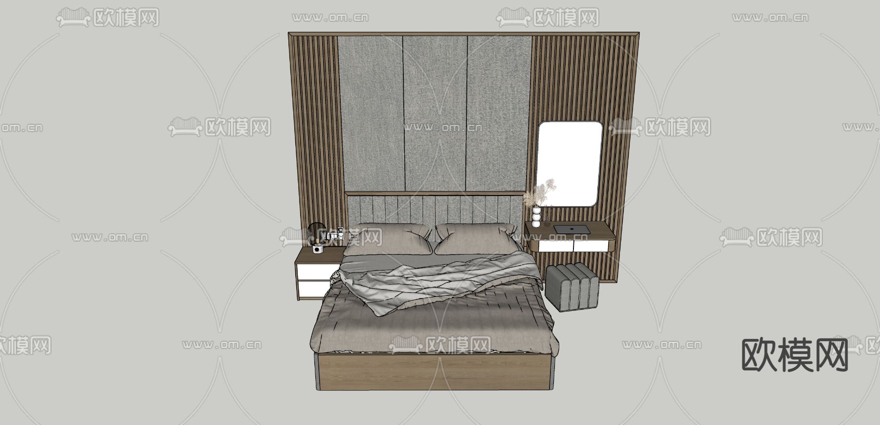 现代双人床su模型下载（渲染图2）