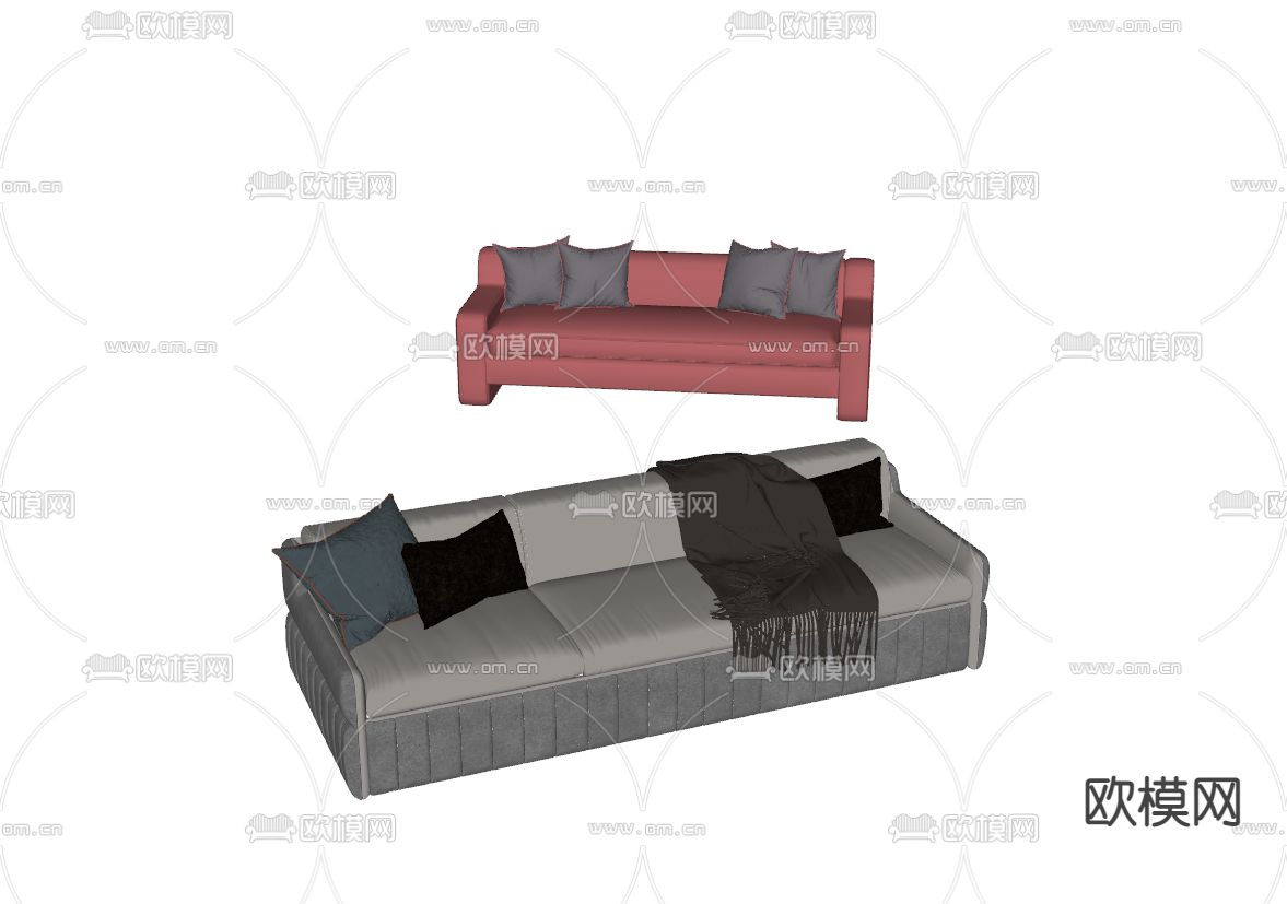 现代红色沙发 多人沙发su模型下载（渲染图2）