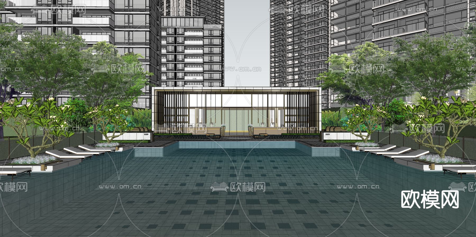 现代小区户外泳池景观su模型