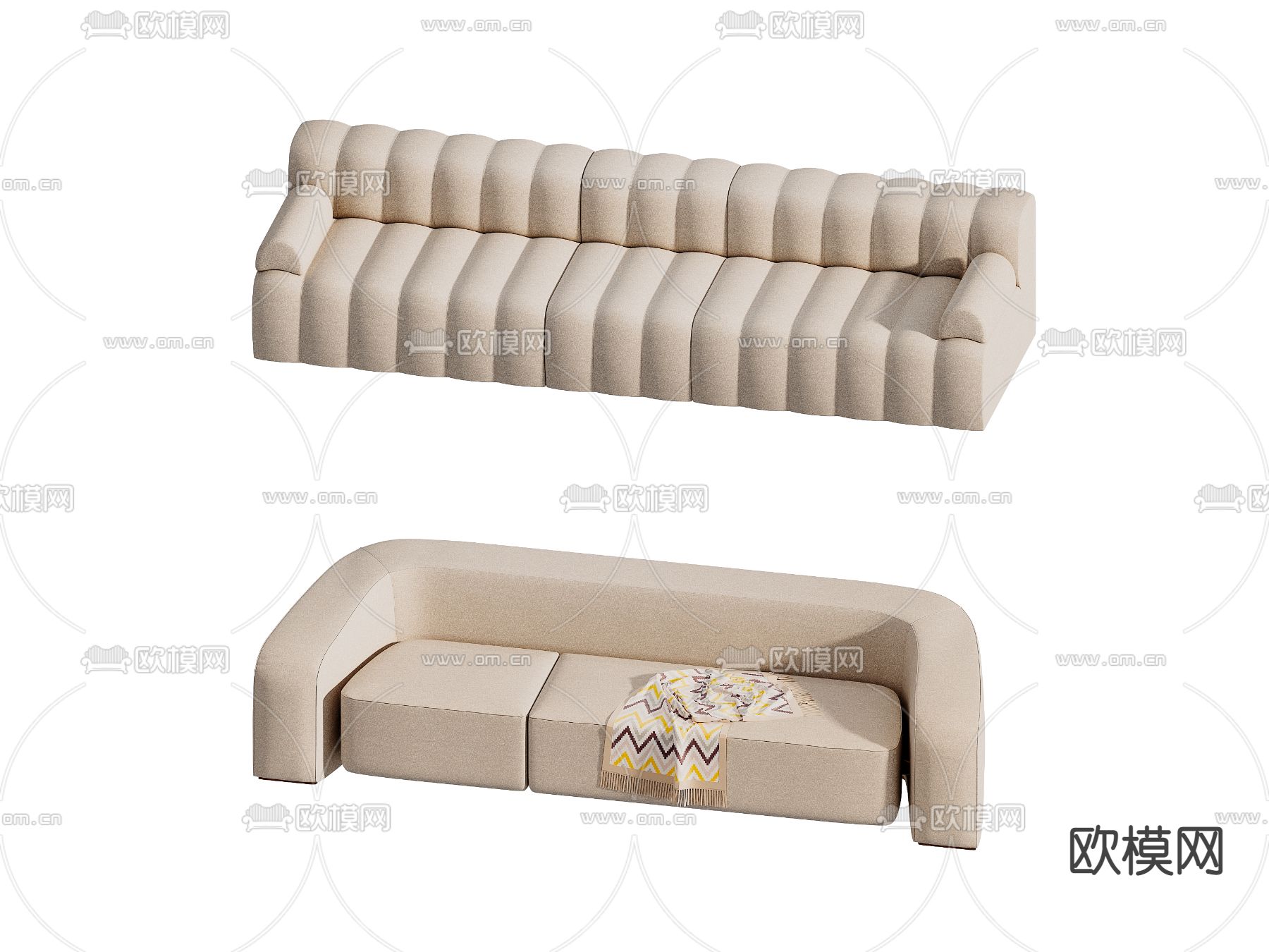 奶油风双人沙发su模型下载（渲染图1）