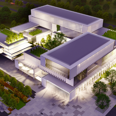 现代多层办公楼鸟瞰su模型