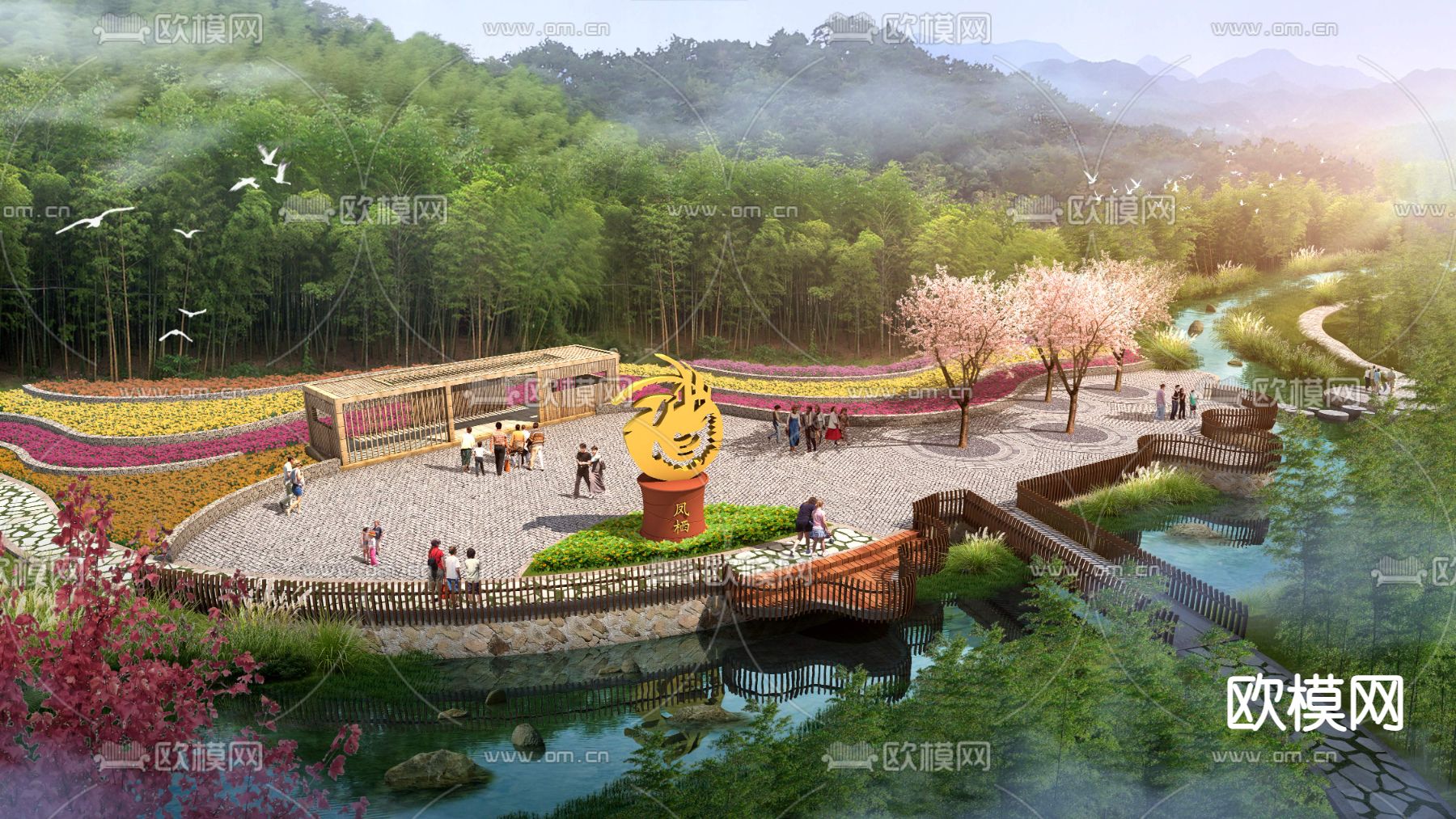 现代花海公园鸟瞰psd下载