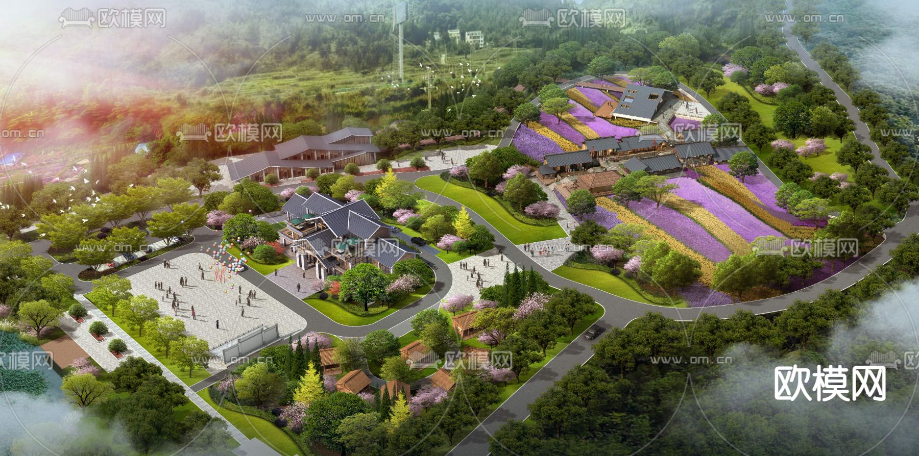 现代花海公园园林鸟瞰psd下载