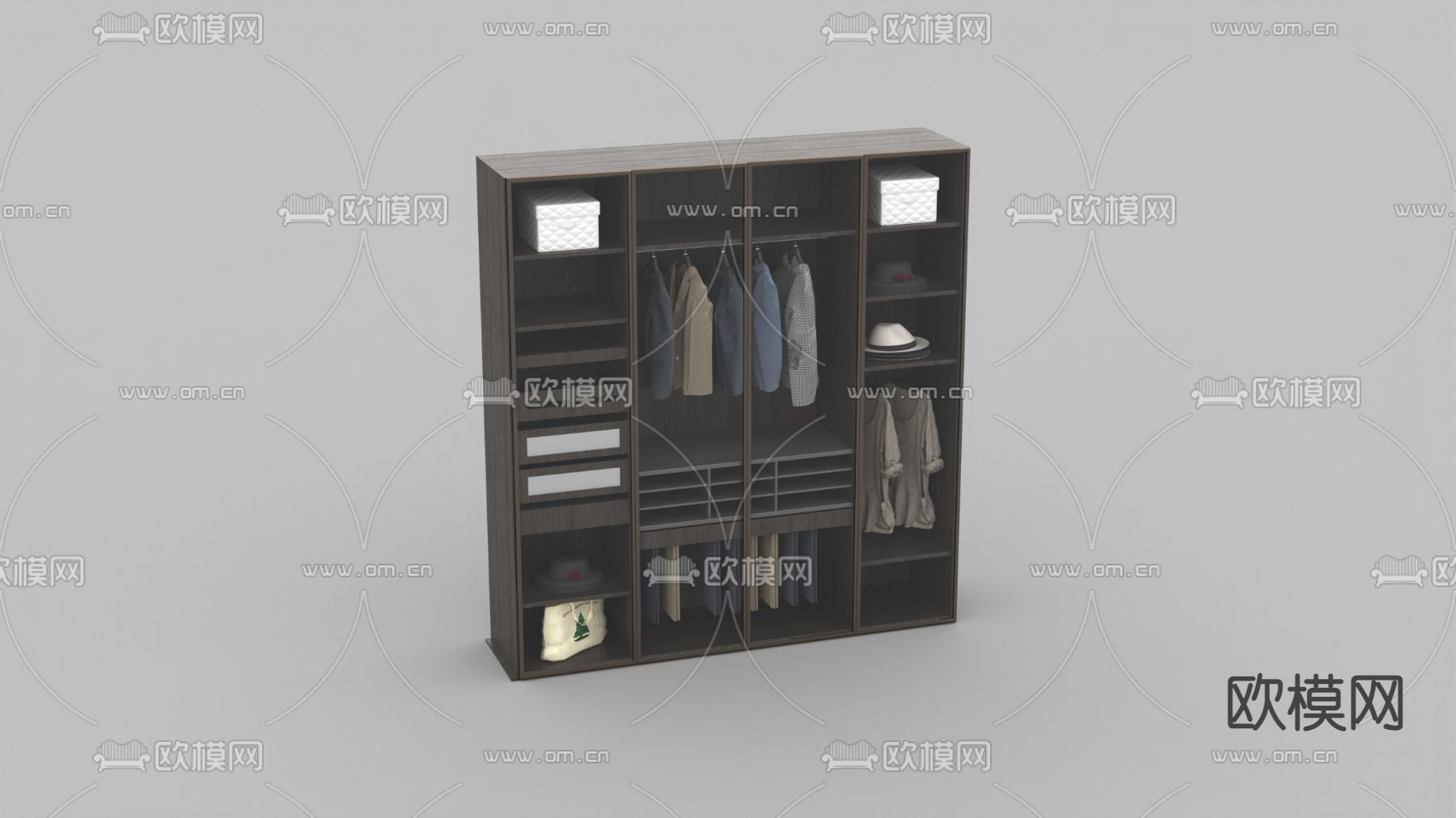 新中式轻奢创意实木无门衣柜免费3d模型下载