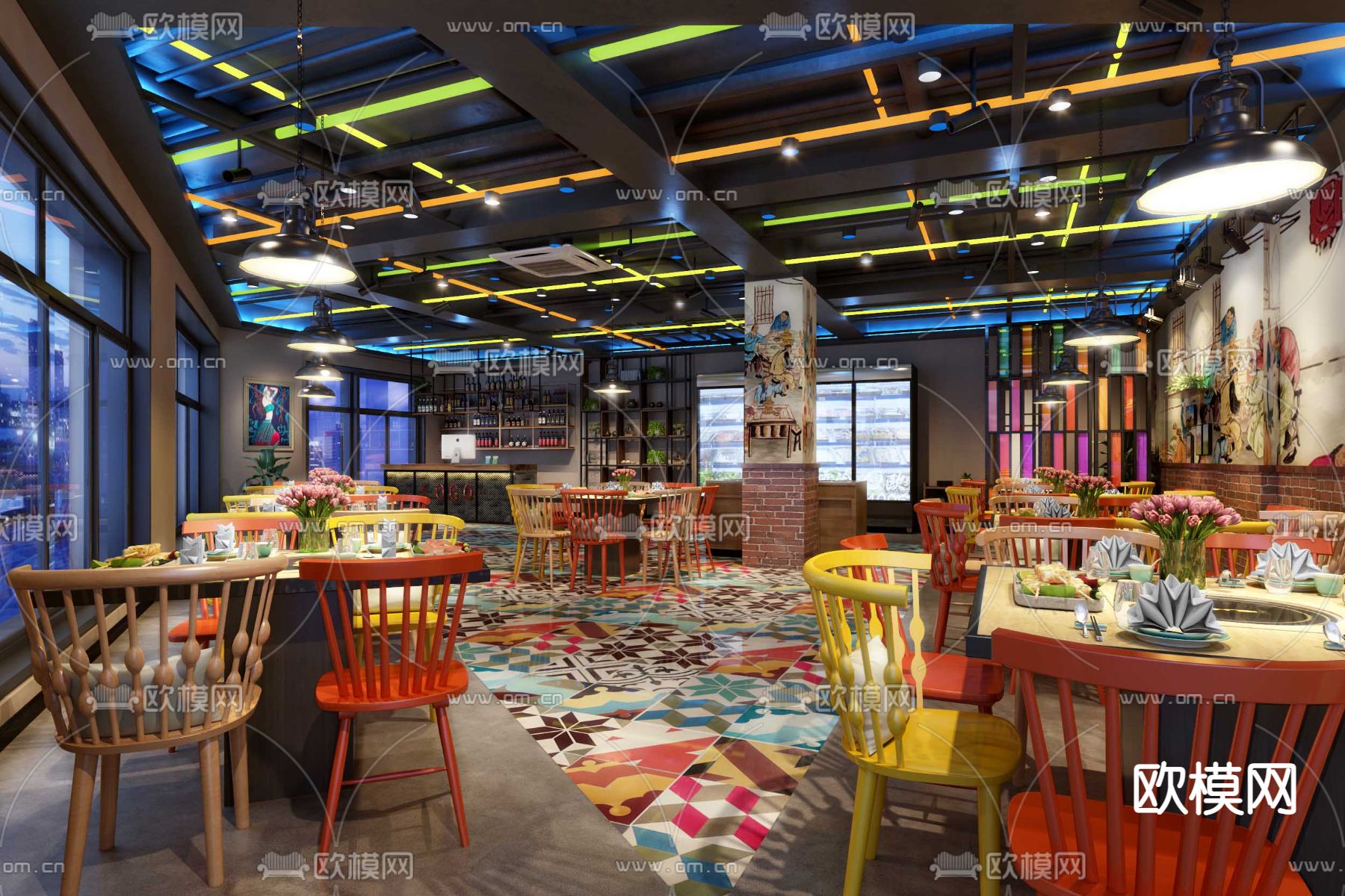 工业风烤肉店su模型下载（渲染图1）