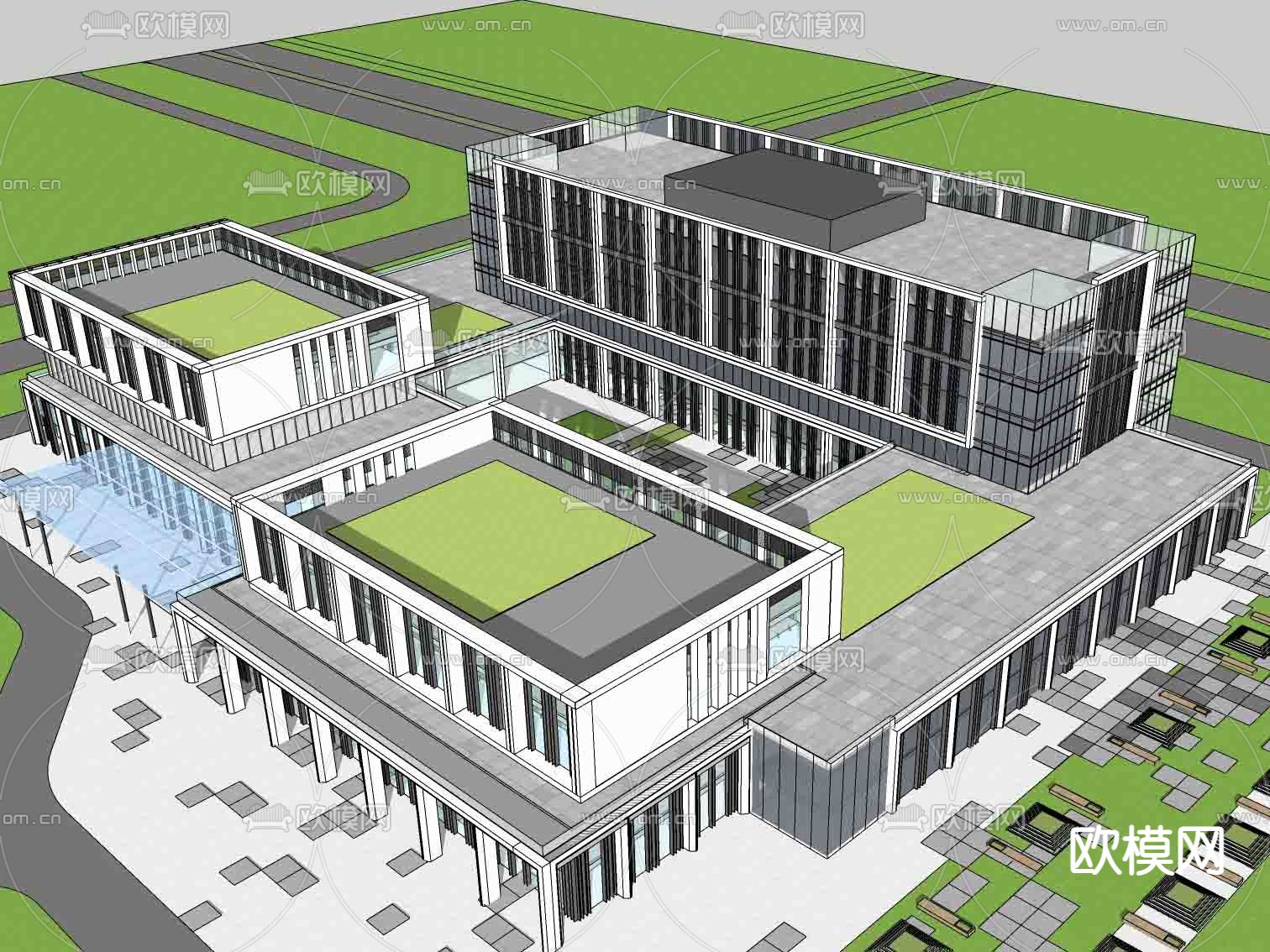现代多层办公楼鸟瞰su模型下载（渲染图2）