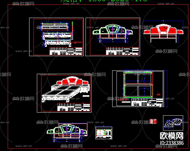 1.8M富贵大床CAD施工图-免费3dmax模型库-欧模网