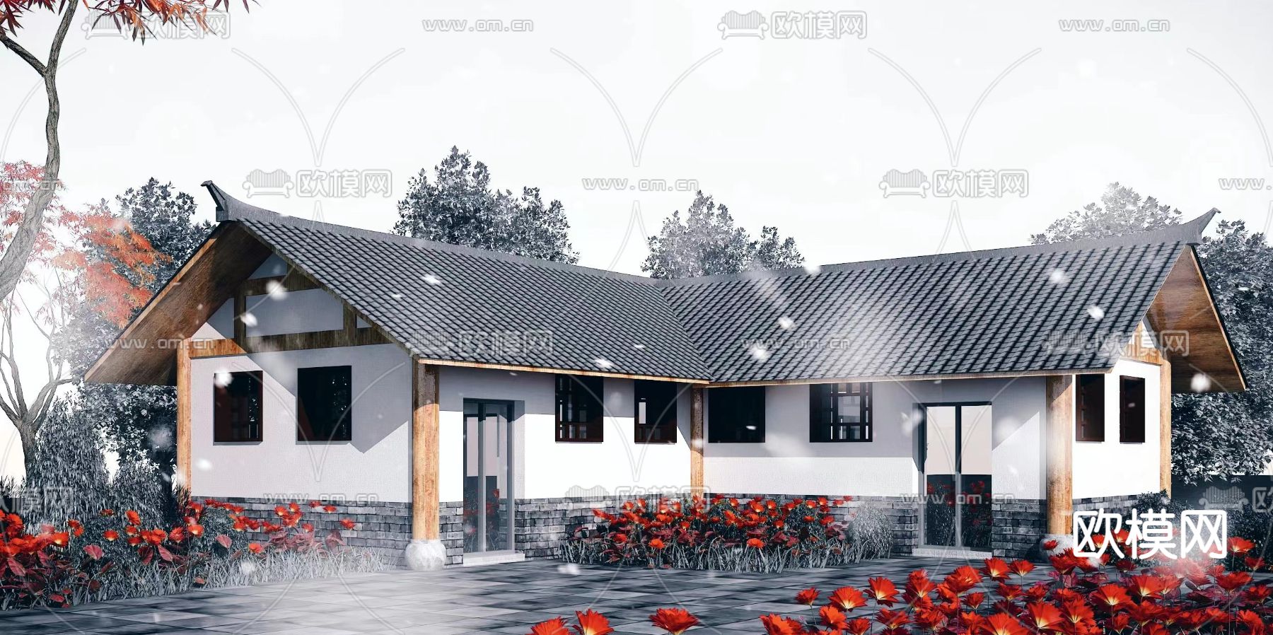 中式公厕建筑外观3d模型下载