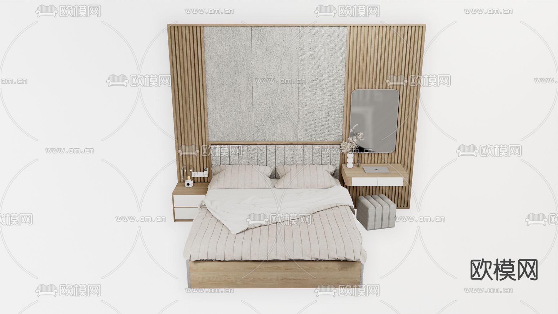 现代双人床su模型下载（渲染图1）