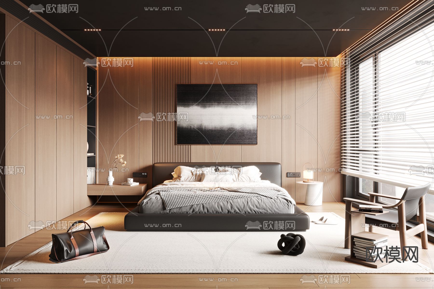 原木风卧室 主卧 主人房3d模型下载_ID12168788_3dmax免费模型-欧模网