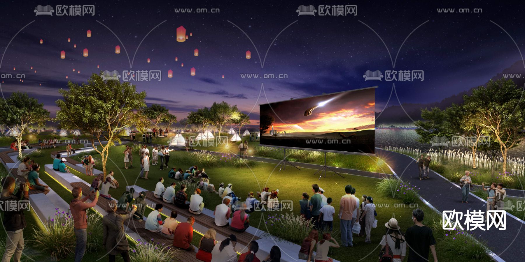 现代公园观影区夜景psd下载_ID12169703_3dmax免费模型-欧模网