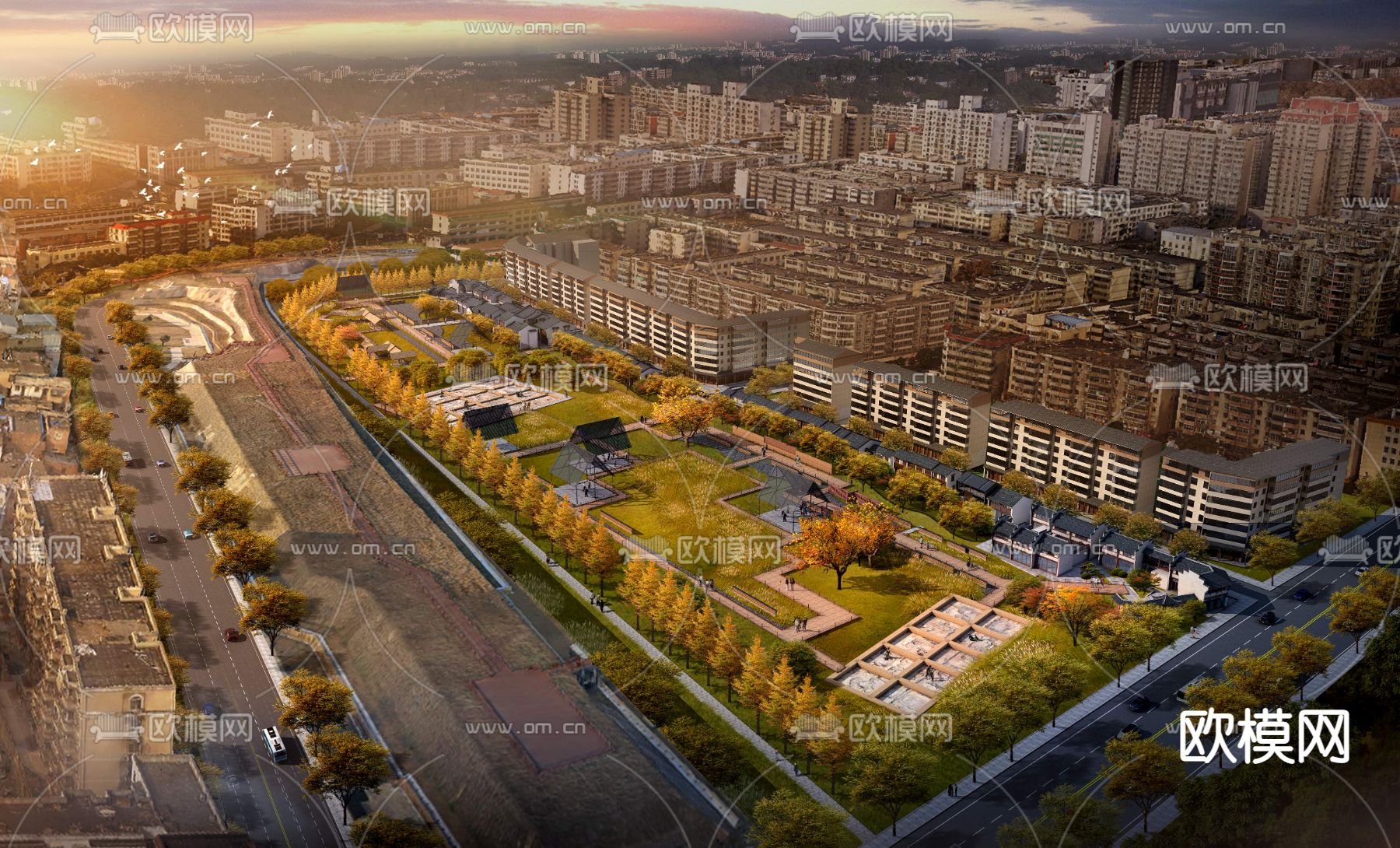 现代枫树公园园林鸟瞰psd下载_ID12169679_3dmax免费模型-欧模网