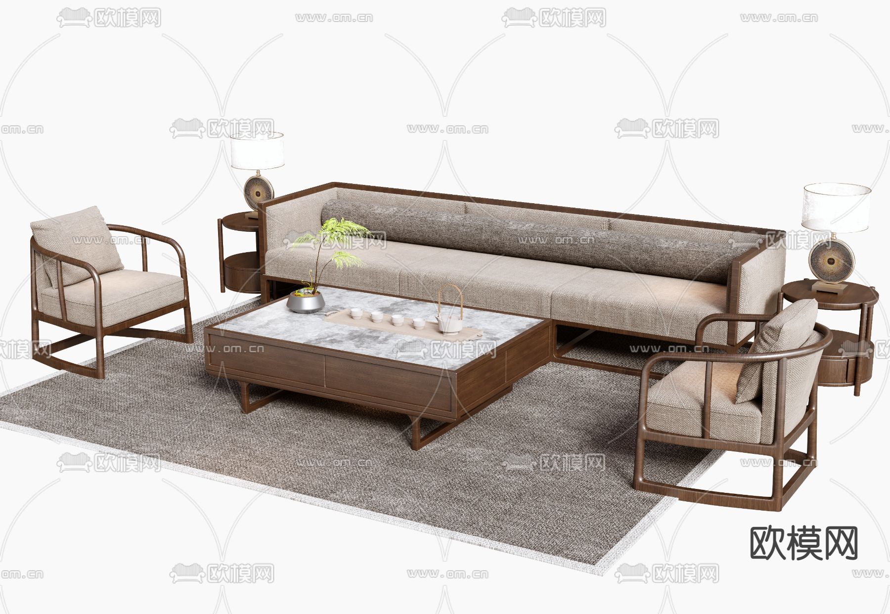 新中式沙发茶几组合su模型下载（渲染图1）