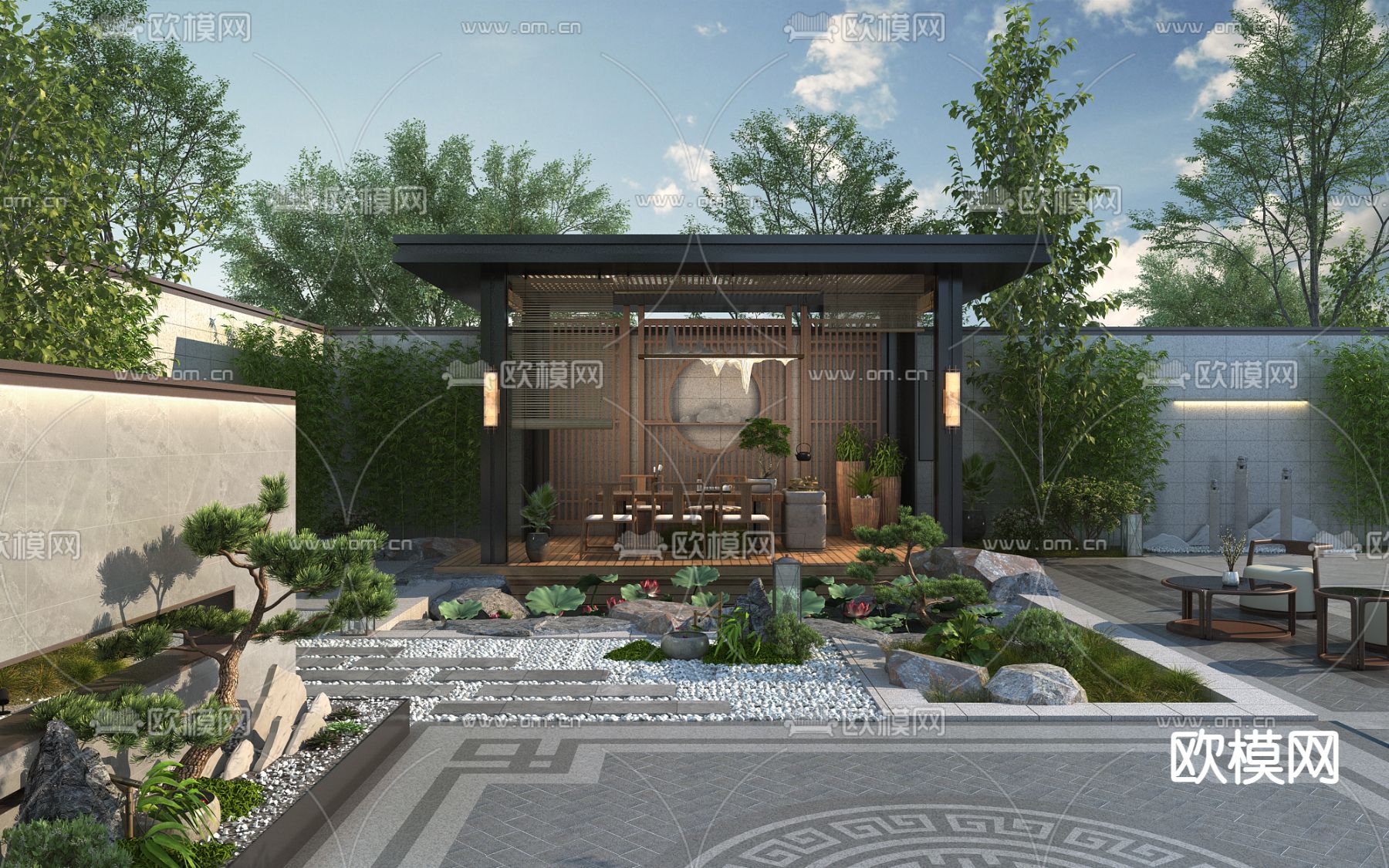 新中式庭院花园 阳台景观3d模型下载