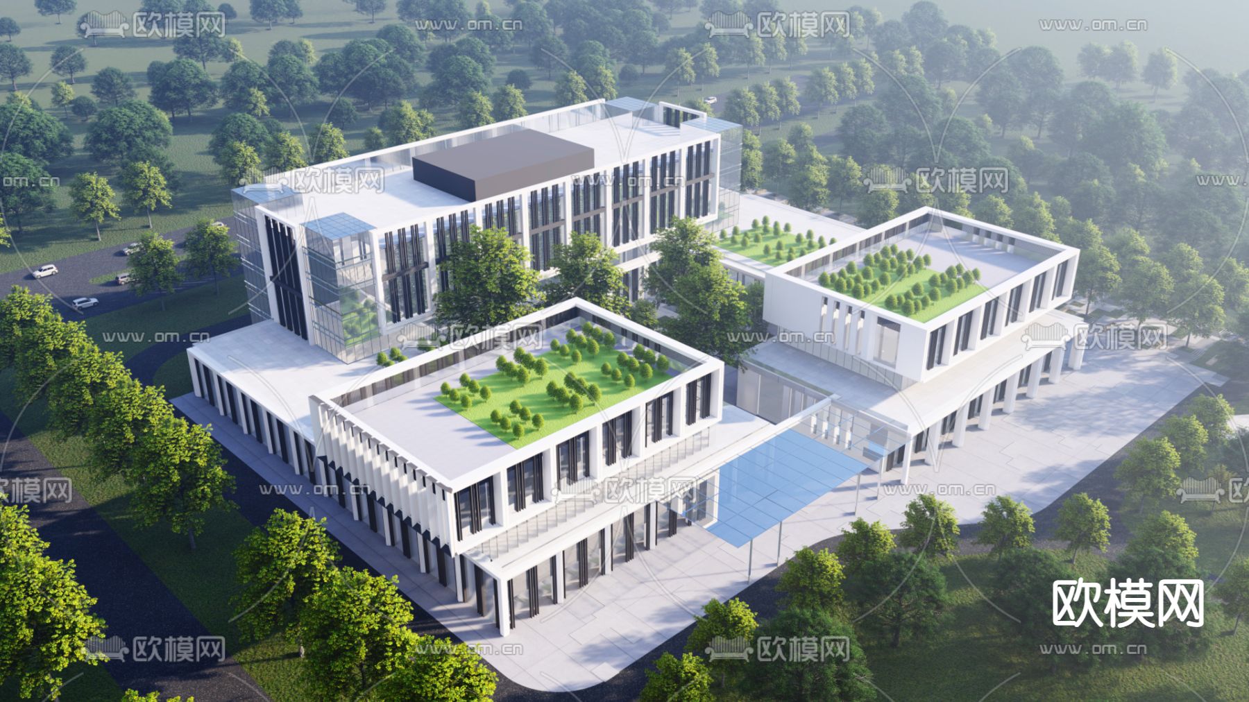 现代多层办公楼鸟瞰su模型下载（渲染图1）