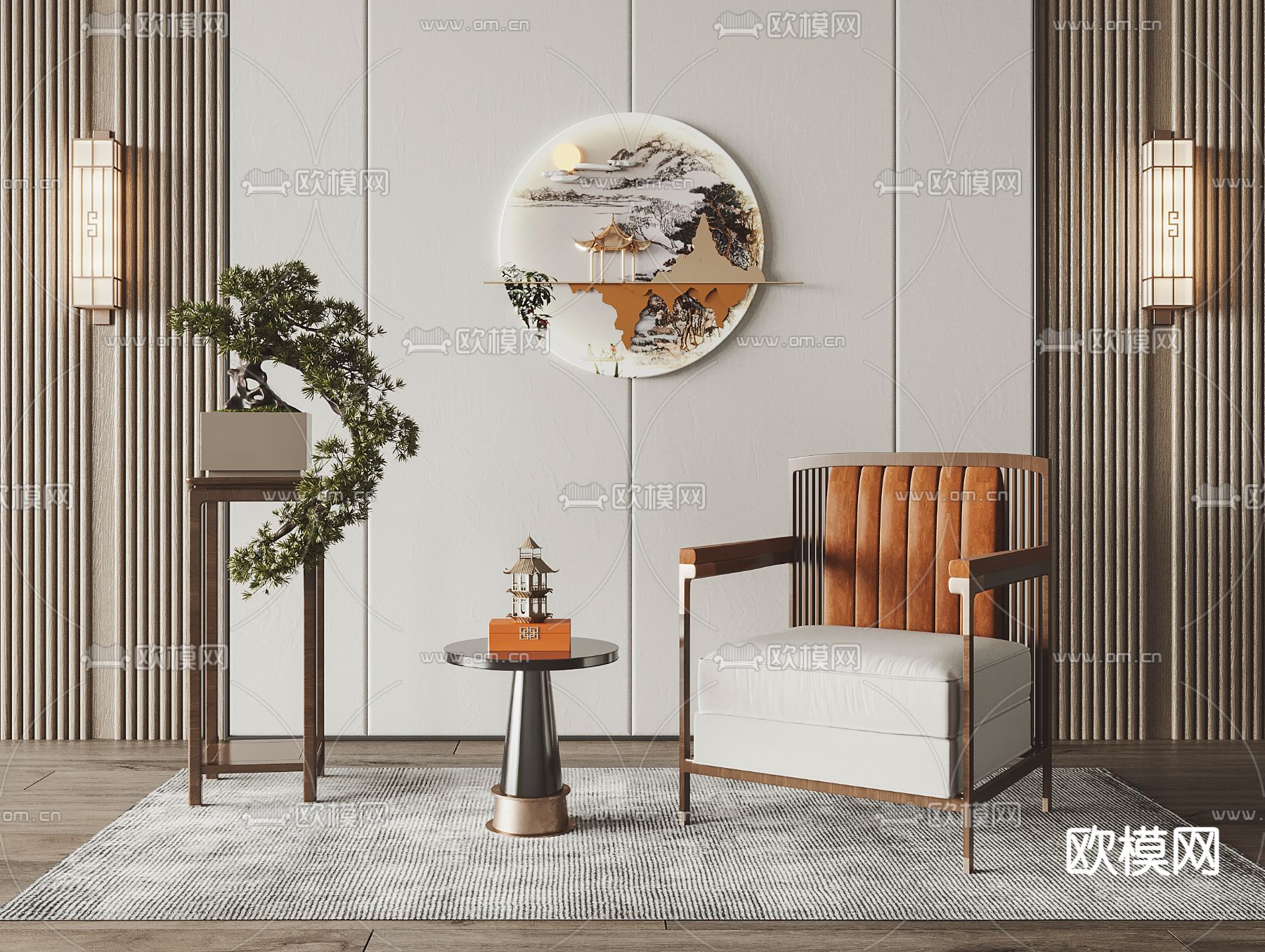 新中式单人沙发3d模型下载