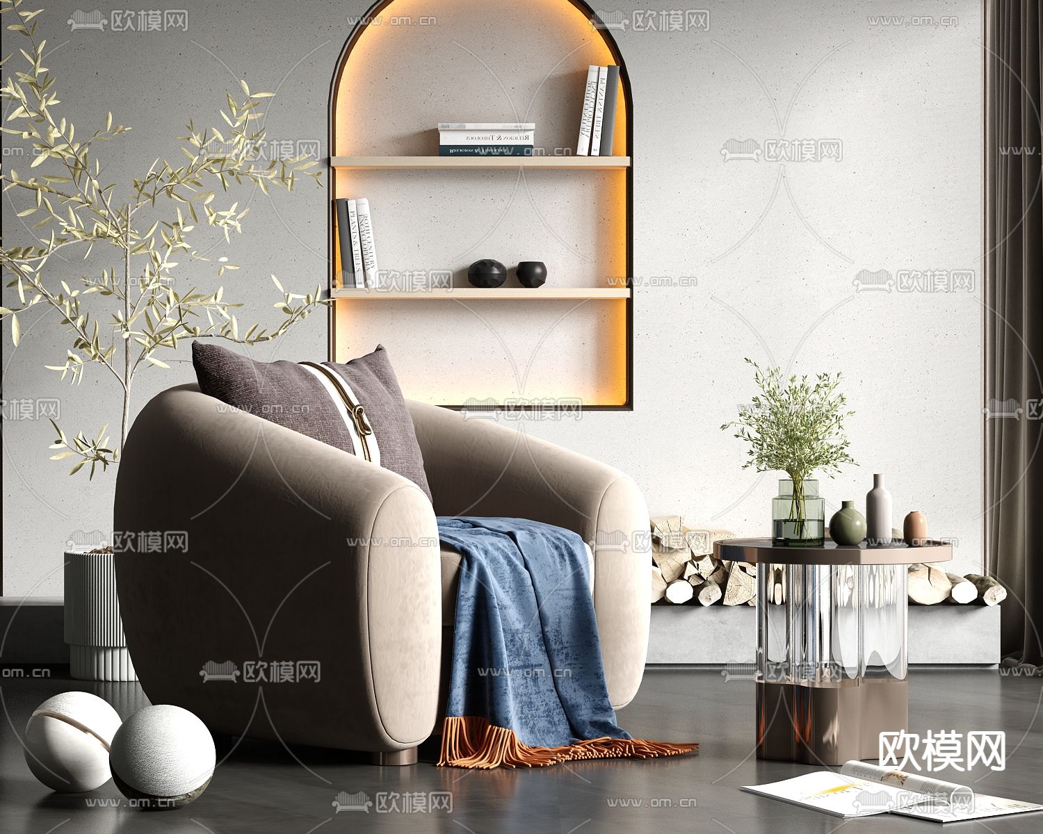 现代轻奢单人沙发角几su模型下载（渲染图1）