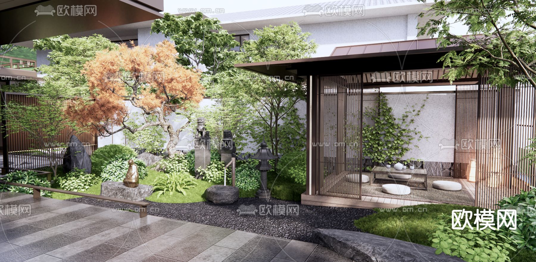 新中式庭院花园3d模型下载（渲染图1）