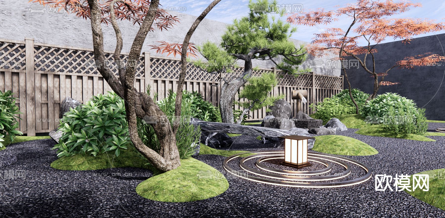日式禅意山水庭院花园3d模型下载（渲染图2）