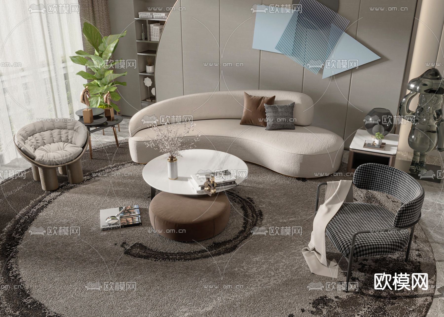 米色弧形组合沙发 异形沙发3d模型下载_ID12172418_3dmax免费模型-欧模网